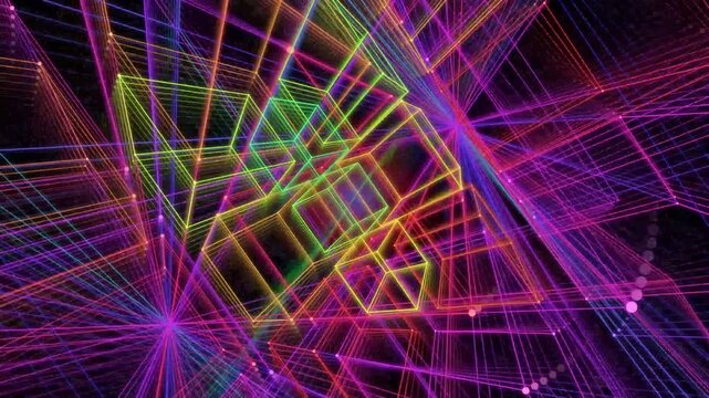 Abstract digital tunnel with glowing white wavy lines on black background
