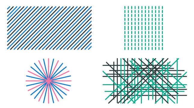 Abstract Set of Geometric Line Formations Featuring Diagonal Stripes, Vertical Dashed Lines, Radial Sunburst, and Random Cross-Hatched Vector Patterns for Modern Graphic Design Elements