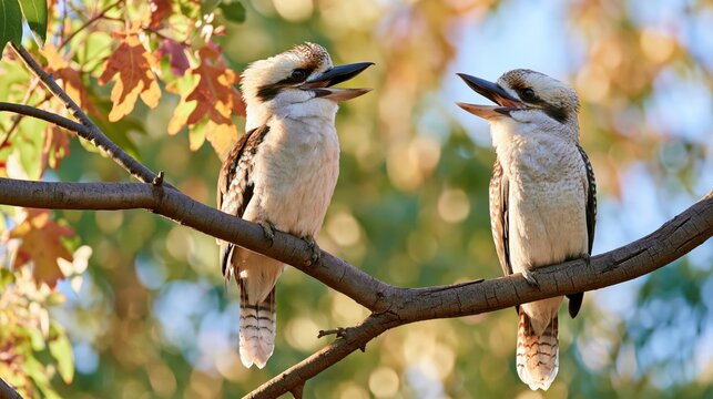 Two laughing kookaburras perched on a tree branch with open beaks in a natural forest setting
