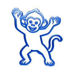 Blue glossy 3d dancing monkey with arms raised and tail up on black background, animal wildlife © MdAmir
