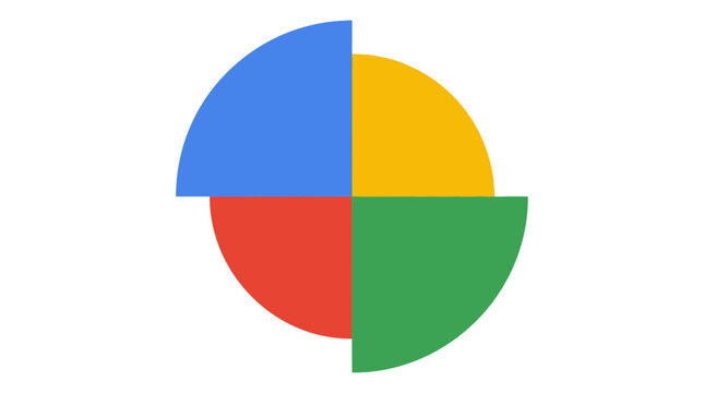 Minimalist offset quadrant circle graphic design featuring four distinct colorful segments in blue yellow red and green isolated on a clean white background for modern branding and infographics