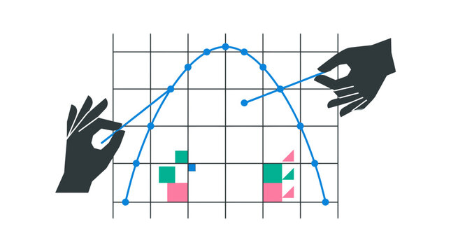 Vector illustration of hands plotting a blue parabolic curve on a coordinate grid system, representing mathematical analysis, statistical data visualization, algebra, and scientific research.