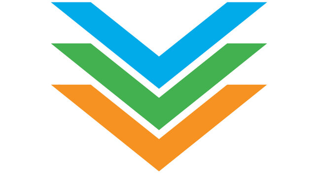 Abstract vector illustration of a three-layered overlapping chevron array featuring vibrant blue green and orange shapes pointing downward on a clean white background for modern graphic design.