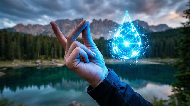 Hand snapping fingers creating a glowing digital water drop over a scenic mountain lake perfectly symbolizing pure environmental conservation