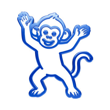 Blue glossy 3d dancing monkey with arms raised and tail up on black background, animal wildlife