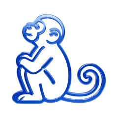 Blue glossy 3d side profile sitting monkey with curled tail on black background, animal wildlife © MdAmir