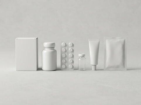 Set of white pharmaceutical packaging mockup products including bottles tubes and pill blister packs