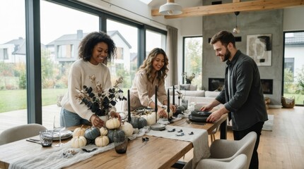 Fototapeta premium Harvest Table Setting: A diverse group of friends gathers around a dining table, meticulously arranging pumpkins and fall decorations for a festive autumn gathering.