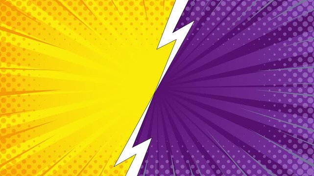 Split screen comic book background with yellow and purple radial sunburst patterns and lightning bolt