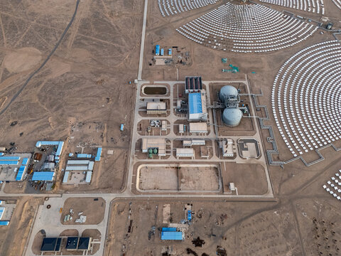 Yumen Xin Neng molten salt tower solar thermal power station aerial view