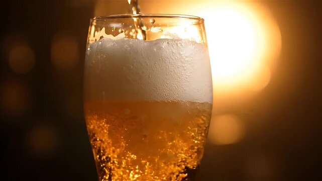 Beer Pouring Into Glass with Foamy Head, Showcasing a Golden Liquid Cascade and Bubbly Texture in a Looping Motion.