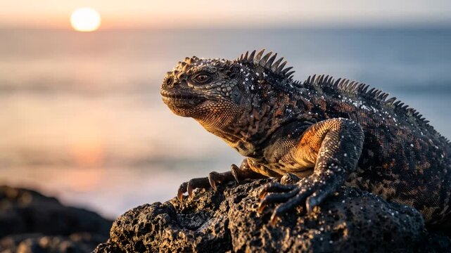 marine iguana close up at morning light on a rock at the shore in galapagos islands ecuador video