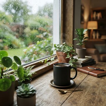 Coffee cup on wooden windowsill with rain on window photo