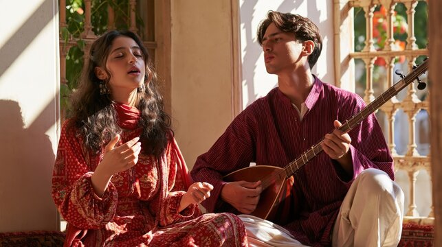 A young woman singing while a man plays a traditional stringed instrument in a sunlit room