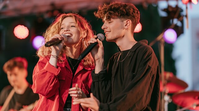 Two young musical performers singing side by side into microphones during a live concert event