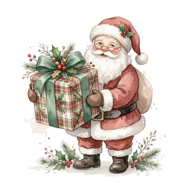 Santa Claus Delivering Gifts: A cheerful Santa Claus, dressed in his iconic red suit, holds a beautifully wrapped present and a sack full of holiday surprises.