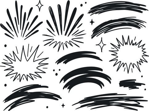 Set of handdrawn doodle burst elements, star sparks, and scribbled lines
