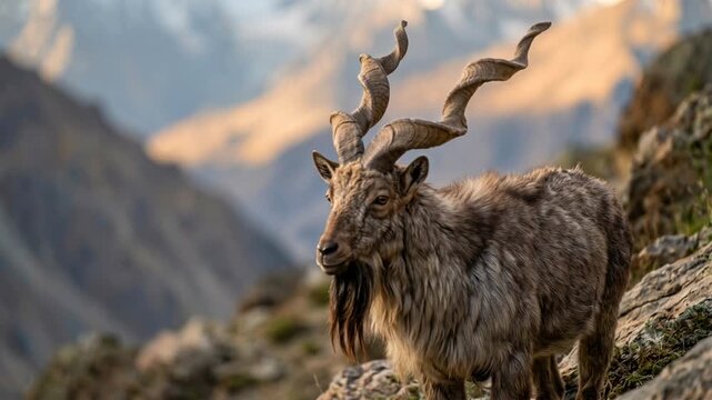markhor close up at morning light in pakistan himalayan mountains video