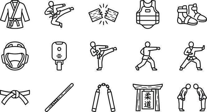 Vector set of black line icons representing martial arts taekwondo karate training gear combat sports traditional weapons tournament and professional fighter discipline concept