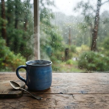 Blue coffee mug photo on wooden table with rainy window background and steam rising