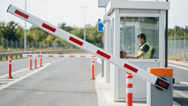 Security guard in a toll booth with a raised white and red barrier gate