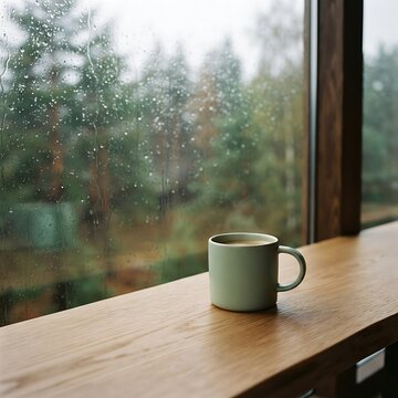 Coffee cup on wooden windowsill photo, rainy day forest background with window raindrops