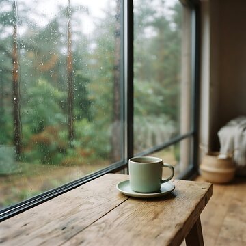 Coffee cup on wooden table by rainy window photo with cozy moody indoor autumn atmosphere