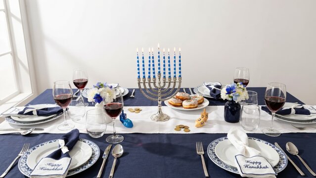 Hanukkah table setting with silver menorah, blue candles, and sufganiyot