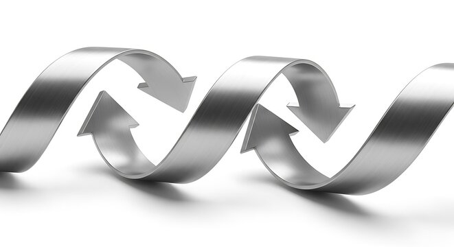 Metallic silver swirl arrows representing circular movement with metal arrow