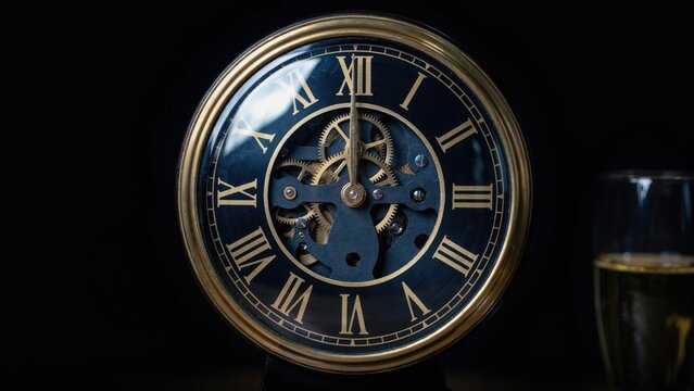 Round skeleton clock with roman numerals and gold trim on black background
