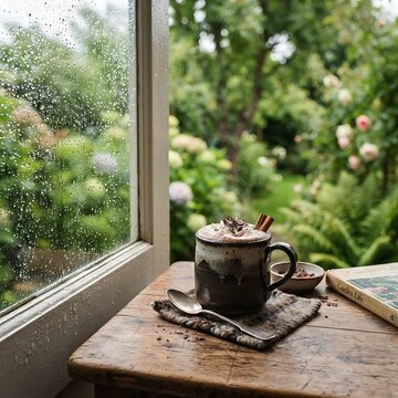 Cozy hot chocolate mug with whipped cream and cinnamon on wooden table by rain streaked window