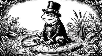 Obraz premium Vintage engraving illustration of a dressed frog wearing a top hat and monocle sitting on a lily pad with retro animal water lily fairy tale classic art black