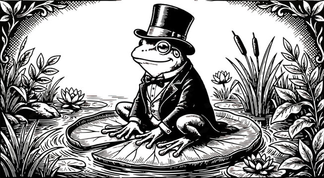 Vintage engraving illustration of a dressed frog wearing a top hat and monocle sitting on a lily pad with retro animal water lily fairy tale classic art black