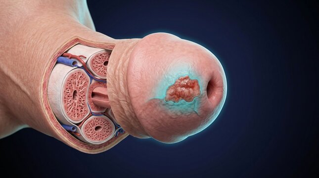 Anatomical 3d illustration of human penis showing internal structure and skin lesion on glans