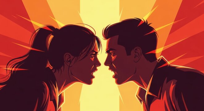Intense confrontation between a man and a woman with glowing red background