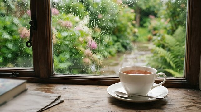 Hot tea cup photo on wooden windowsill during rainy day, cozy indoor rainy weather scene with steam