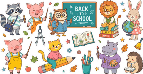 Fototapeta premium Cute animals back to school set with school supplies