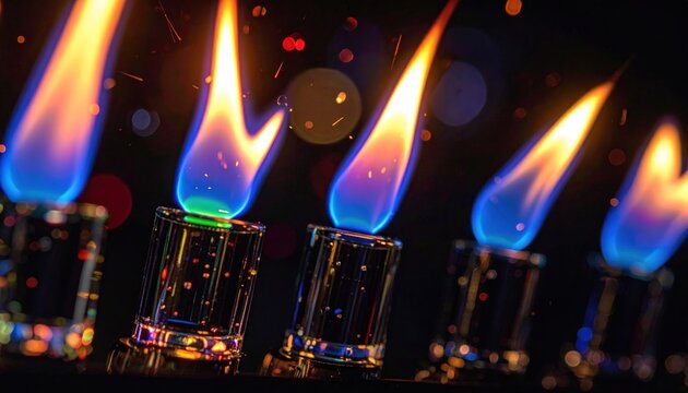 Multiple glass tubes with blue and orange flames