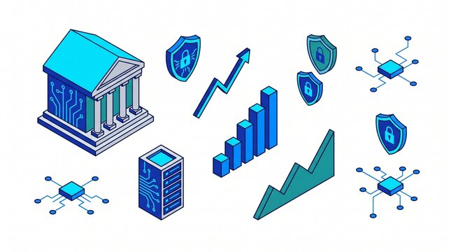 isometric digital banking and cyber security finance icons set