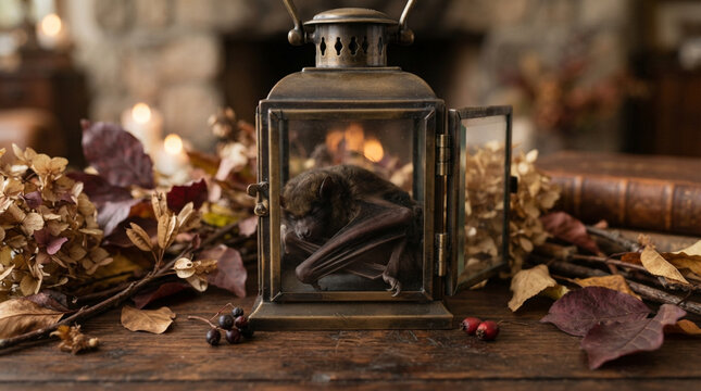 Small bat sleeping inside a vintage metal lantern among autumn leaves