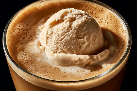 Close-up: a scoop of ice cream floating in coffee in a glass.