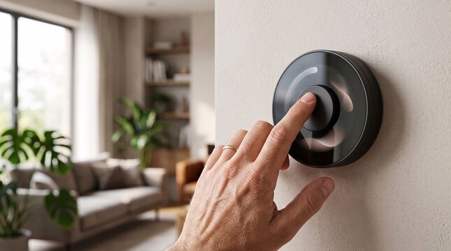 Close up of a hand pressing a modern smart home circular wall button in living room