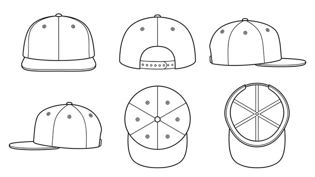 Classic Snapback Cap Hat Vector Technical Drawing Illustration Blank Streetwear Mock-up Template for Design and Tech Packs CAD Flat Brim Baseball Hat