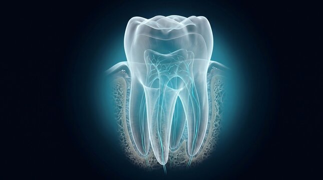 Anatomical 3d rendering of a human molar tooth showing internal nerve structure and root