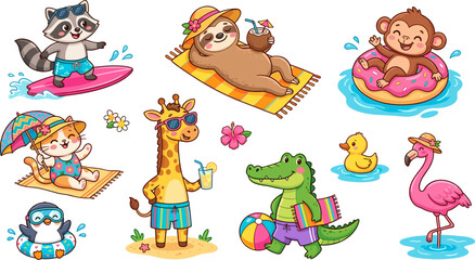 Obraz premium Cute cartoon animals on summer vacation set with sloth, monkey, giraffe, and flamingo