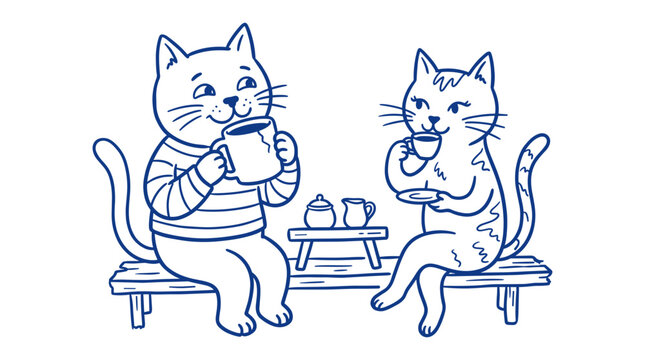 Two cute cats drinking tea on a wooden bench