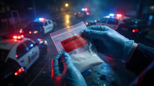 Gloved hands holding a small plastic bag containing white powder labeled as evidence with blurry flashing blue and red police car lights in the background