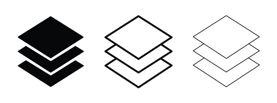 Set of three layered square icons, solid black, thick outline, and thin outline styles, representing stack, layers, or document management, vector illustration isolated on white background