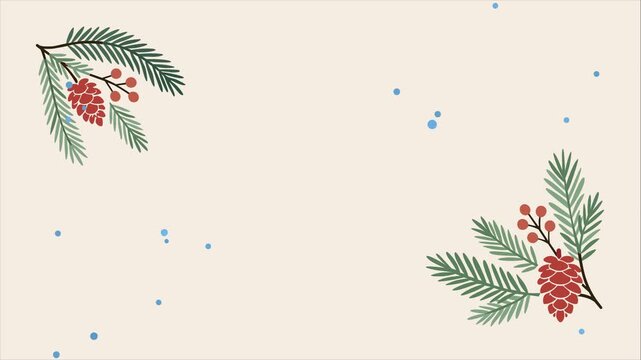 Winter Botanical Motion Background Seamless Loop: Pine Branches, Cones and Berries on Cream Background with Copy Space