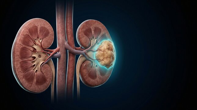 Anatomical illustration of human kidneys with a tumor showing medical pathology on dark background